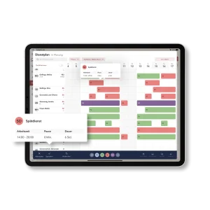 iPad-Ansicht der Pflegesoftware Bärcare mit geöffnetem Dienstplan für Juni 2024 – sichtbar ist ein farbkodiertes Wochenraster mit Früh-, Spät- und Nachtdiensten je Mitarbeiter sowie ein eingeblendetes Schicht-Detail für den Spätdienst.