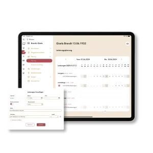 iPad-Ansicht der Pflegesoftware Bärcare mit geöffneter Leistungsplanung für Klientin Gisela Brandt – sichtbar ist ein Monatskalender mit tagesgenauen SGB-V-Einsätzen sowie ein eingeblendetes Formular zum Hinzufügen neuer Leistungen.