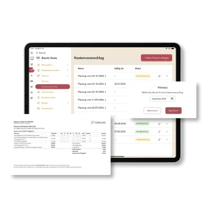 iPad-Ansicht der Pflegesoftware Bärcare mit geöffneter Kostenvoranschlag-Übersicht für Klientin Brandt, Gisela – sichtbar sind mehrere Planungsversionen mit Status sowie ein eingeblendetes Druckdokument mit Leistungstabelle.