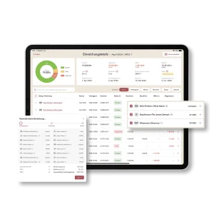 iPad-Ansicht der Pflegesoftware Bärcare mit geöffneten Einreichungsdetails für April 2024 – sichtbar sind Gesamtbetrag, Zahlungsstatus, Belegliste je Klient sowie ein eingeblendeter Einreichungs-Wizard.