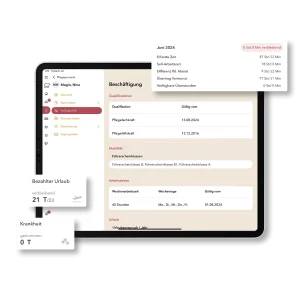 iPad-Ansicht der Pflegesoftware Bärcare mit geöffnetem Mitarbeiterprofil – sichtbar sind Qualifikationen, Führerscheinklassen, Wochenarbeitszeit sowie eingeklappte Karten für Urlaub, Krankheit und Überstunden.