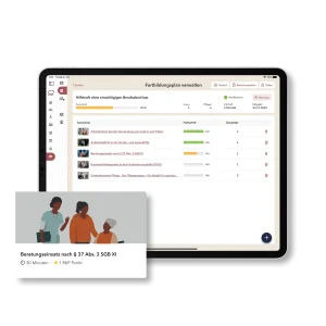iPad-Ansicht der Pflegesoftware Bärcare mit geöffnetem Fortbildungsplan für „Hilfskraft ohne einschlägigen Berufsabschluss" – inklusive Kursliste mit Fortschrittsanzeige und einer hervorgehobenen Kurskarte.