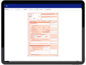 Tablet-Ansicht der Pflegesoftware Alberta mit geöffnetem PDF-Dokumentenviewer, der eine Musterverordnung für häusliche Krankenpflege mit Angaben zu Behandlungspflege, Kompressionsbehandlung und Wundversorgung zeigt.