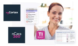 Screenshot des nCara 360 Medikamentenplans mit Verordnungen, Dosierungsangaben und Einnahmehinweisen für eine Patientin, daneben die Logos von myCortex und nCara 360 sowie ein TI-Ready-Badge.