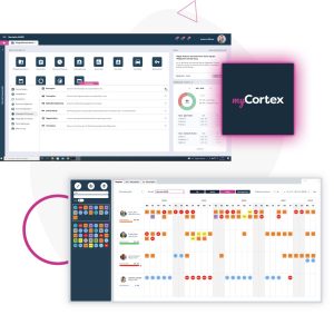 Zwei Screenshots der Pflegesoftware myCortex – oben ein Dashboard mit Modulübersicht und Tourenauswertung, unten ein Dienstplan mit Schichtzuweisungen mehrerer Pflegekräfte über mehrere Kalenderwochen.