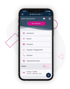 Smartphone-Screenshot der App myCara mit Startbildschirm für eine Pflegekraft: Button „Start Arbeitszeit“, Menüpunkte wie Adressbuch, Klienten, Dienstplan und Übergabe/Pflegeberichte sowie eine Tourenübersicht für den Tag.